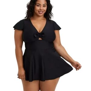 Torrid Bathing Suit One Piece Ruffle Sleeve 6  6X Swim Skater Dress Black Summer